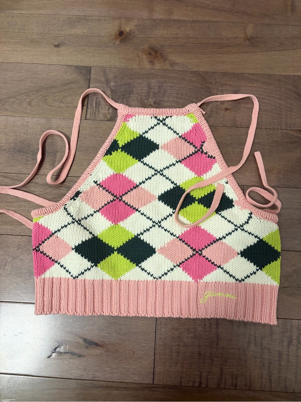 Ganni Pink, Cream & Green Argyle Halter Crop Top